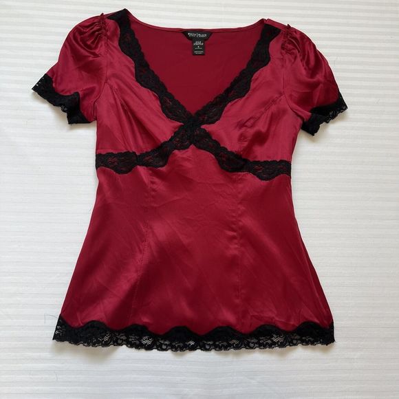 White House Black Market Sz 0 Silk Stretch Blouse W/ Black Lace Trim Cap Sleeve - Picture 1 of 10